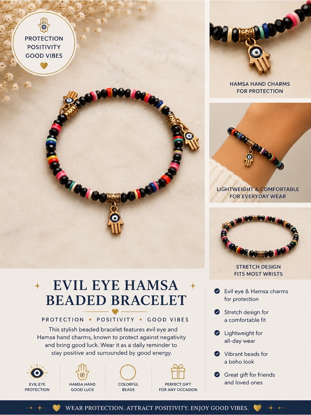 Evil Eye Hamsa Beaded Bracelet - Multicolor